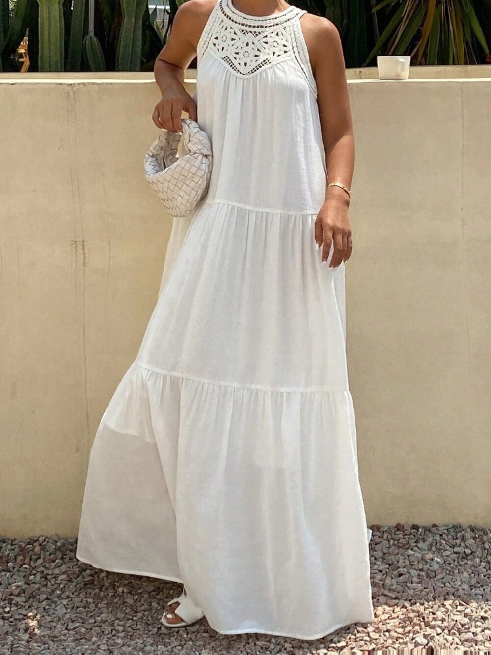White Boho Women's Vacation Ruffle Hem Sundress - Picture 4 of 7